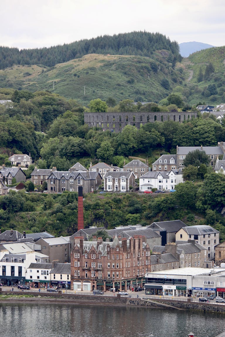 A view of a town with a river running through it